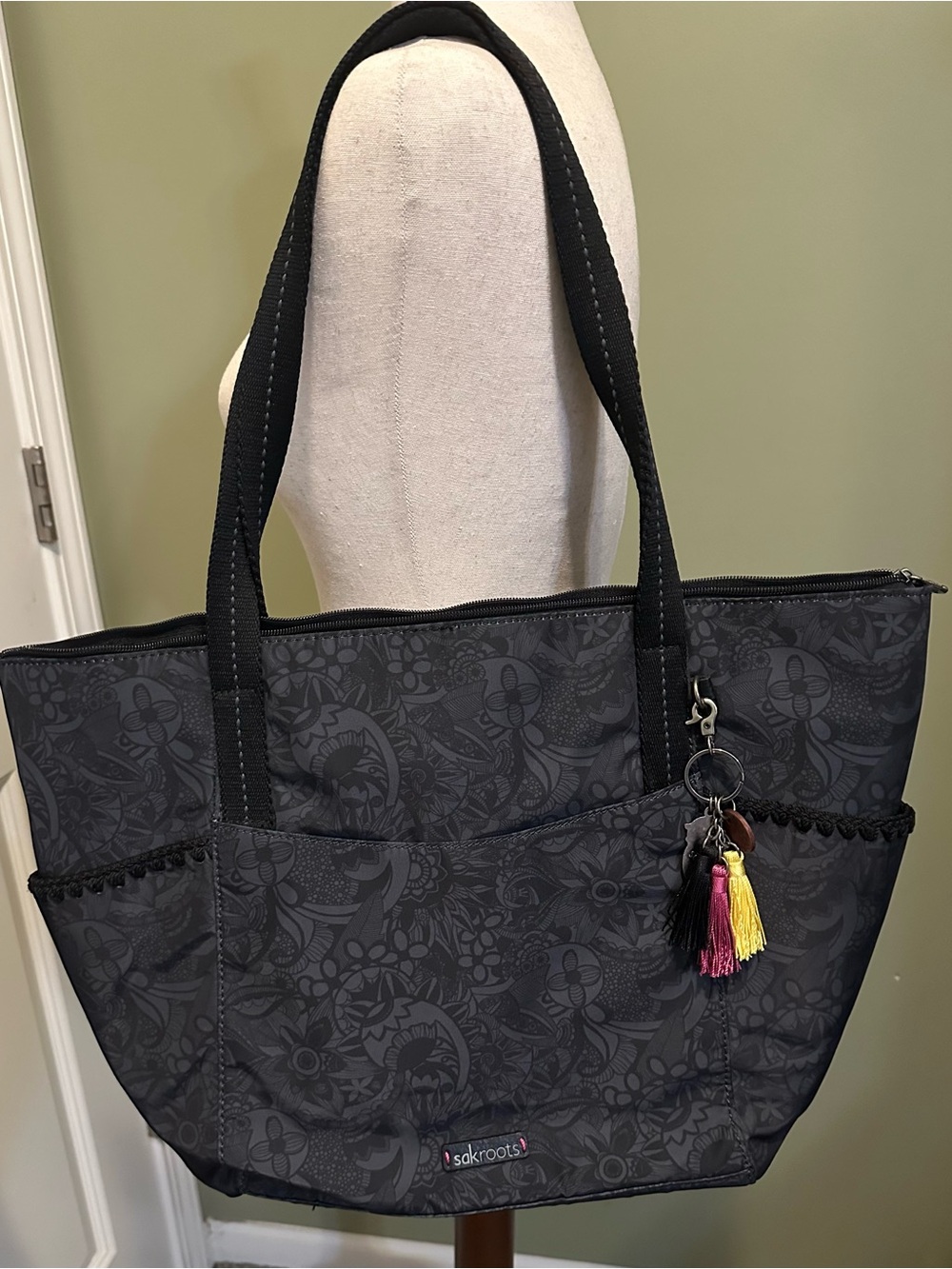 Everyday Black Floral Tote Bag with Tassel Charm